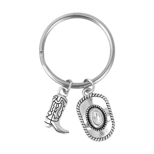 Western Cowboy Keychain, Creative Western Country Cowgirl Key Chain with Hat & Boot Charms Cowboy Accessories Car Keyring Gifts for Men Women (Silver)