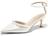 Coutgo Womens Pearl Kitten Heels Closed Pointed Toe Wedding Bride Dress Shoes Ankle Strap Satin Pumps, White, Size 7.5