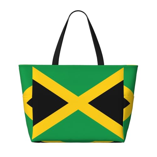 Flag of Jamaica Large capacity beach bag with zipper, perfect for grocery bag pool gym travel shopping foldable beach travel bag,2
