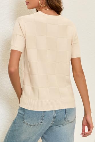 Image of Cakulo Women's Short Sleeve Summer Sweater Knit Tops | Checkered Pattern, Crew Neck, Lightweight Knit, Pullover Sweaters, Business Casual Work Tops Basic Clothes