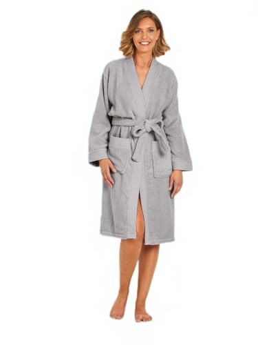 Afibel - Albornoz de rizo de algodón puro con forma de kimono, gris, S