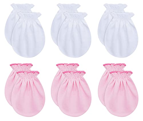 RATIVE Newborn Baby Cotton Gloves No Scratch Mittens For 0-6 Months Boys Girls (Newborn 0-6 Months, 3white+3pink)