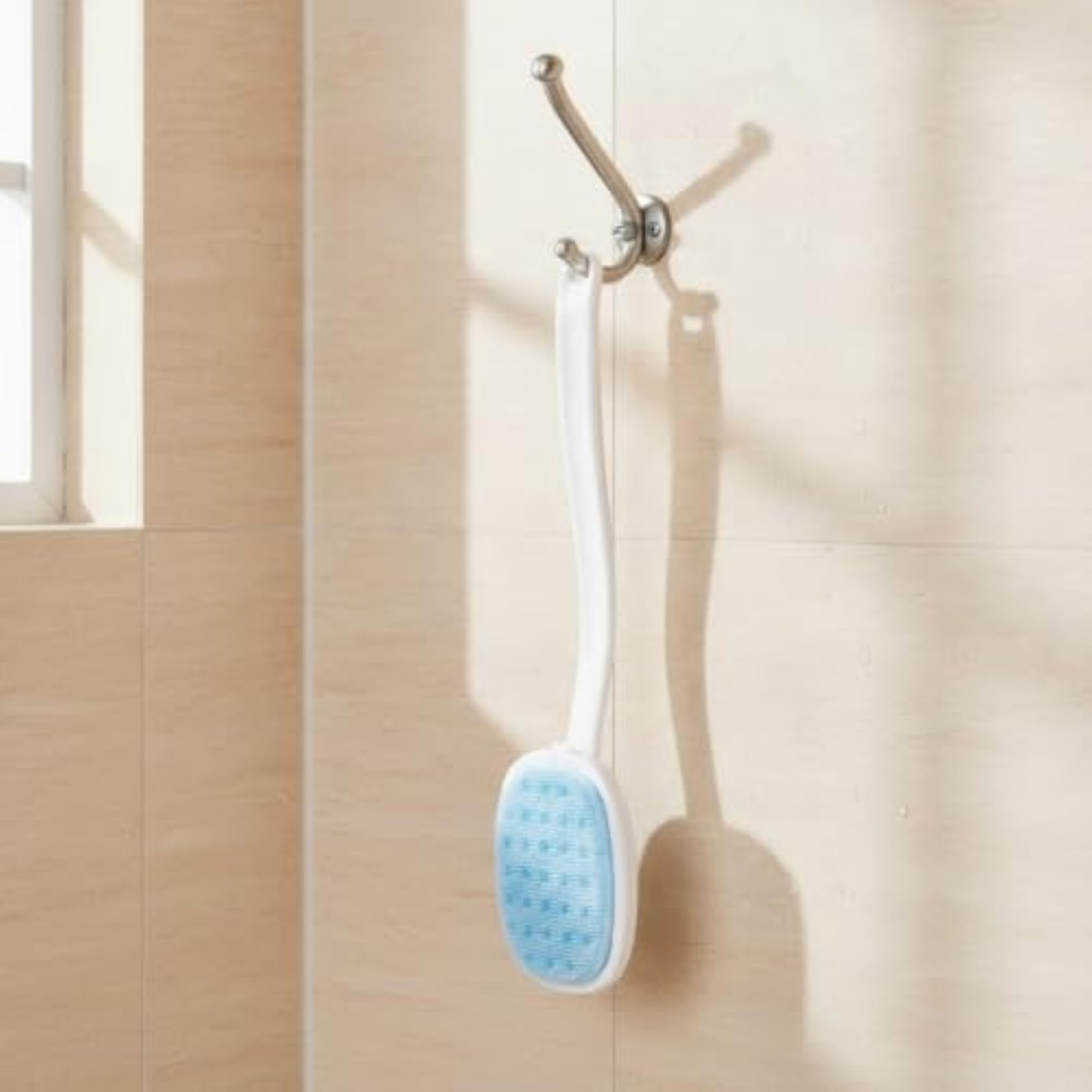 Soft Bristle Silicone Bath Brush, Long Handle, Light Blue