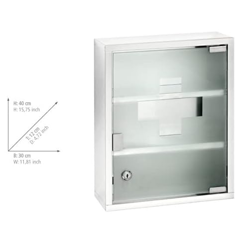 Wenko Medicine Cabinet With Lock, Wall Mounted Bathroom Storage, Hanging Medical Cabinet, First Aid Wall Cabinet With Safety Glass Door, Modern, Medium, 11.8 X 15.7 X 4.7 In, Silver Shiny #TOP6