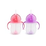 Munchkin Click Lock Tip & Sip Straw Cup Set| Baby & Toddler Sippy Cups with Straw| BPA Free Non Spill Cup| Dishwasher Safe Baby Straw Cup| Weighted Straw Childrens Cups| 7oz/207ml| 2 Pack| Pink/Purple