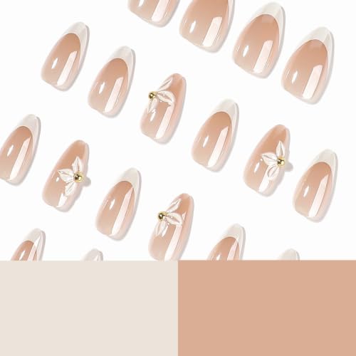 Image of White French Tip Press on Nails Flower Fake Nails Almond Nails Press ons | Chrome False Nails with Design Reusable Glossy Full Cover 3D Floral Stick on Nails for Women Nails DIY Decoration 24Pcs