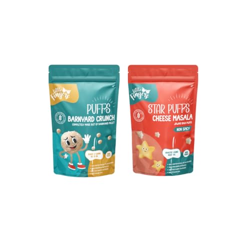 Image of Little Fingers Millet Based Healthy Gluten Free High In Fiber Assorted Snack Combo | Non-Spicy | No Maida | Baked Not Fried | Healthy Munching Option - Barnyard Millet Crunch Puffs & Millet Star Puffs