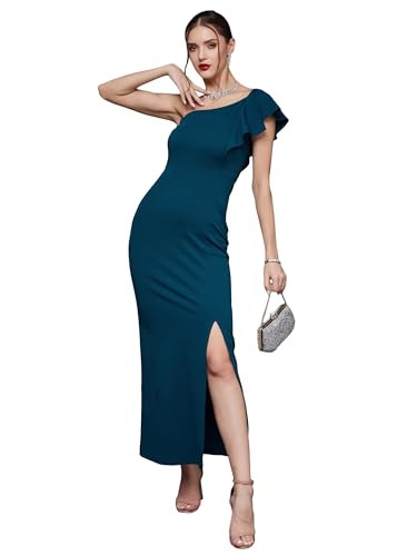 Image of Miss Chase Women's Solid One Shoulder Sleeveless Ruffled Maxi Dress