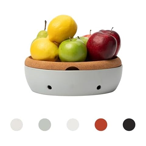 Casa Nico Layers Cork and Ceramic Fruit Bowl - Modern Matte Finish with Airflow Design, Dishwasher-Safe Ceramic, Cork Lid, Perfect for Fridge or Countertop Storage (Light Grey) Cover