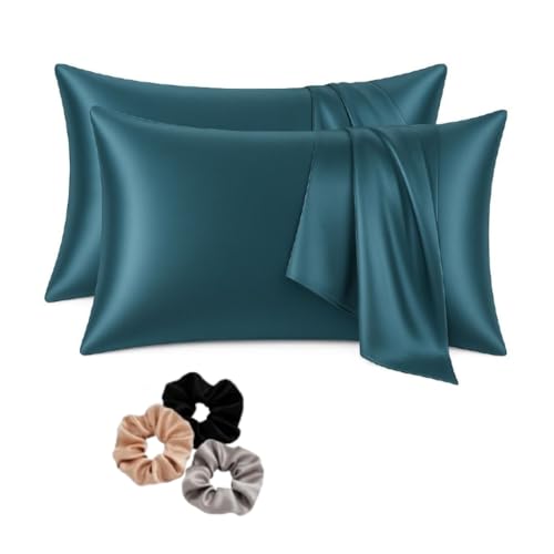 Image of Satin Pillow Covers Set of 2 with 3 Free Random Color Hair Scrunchies - Anti-Frizz, Skin-Friendly, Soft & Durable Pillowcase Set for All Hair Types (Violet)