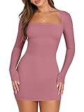 ANRABESS Women Long Sleeve Square Neck Sexy Bodycon Tight Cocktail Party Club Night Formal Short Dress 2025 Going Out Outfits Fuchsia X-Small