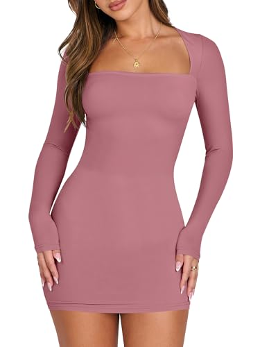 ANRABESS Women Long Sleeve Square Neck Sexy Bodycon Tight Cocktail Party Club Night Formal Short Dress 2025 Going Out Outfits Fuchsia X-Small
