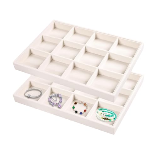 Justsoso 2pcs/Set Velvet Jewelry Tray, 12 Grids Large Storage Tray for Bracelet Bangle Beads Display, Jewellery Organizer Box Tray for Home Drawer or Shop Store Selling Show (Beige Velvet)