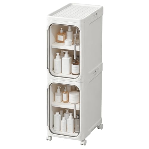 Image of LXLXXL Narrow Storage Cabinet Slim Bathroom Storage Cabinet with Movable Wheels Tall Bathroom Organizer Skinny Cabinet for Small Spaces，2-Tier White