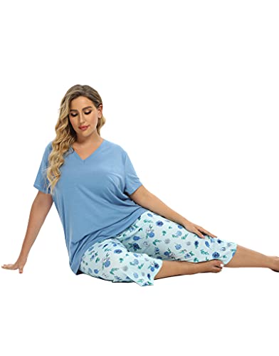 Vozanet Women's V Neck Sexy Pajama Sets Capri Sleepwear Floral Elegant Nighty 2Pcs Plus Size S-3Xl, Florals-Blue, Xxx-Large #TOP3