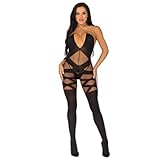 Leg Avenue Women's Opaque and Sheer Illusion Bodystocking with Keyhole Halter, Black, One Size