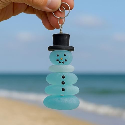 Coastal Christmas Sea Glass Ornaments, Handmade Sea Glass Christmas Tree Hanging Decorations, Xmas Pendants Decor with Rope, Ornament Gift for Beach Lover (Snowman)