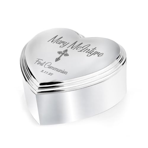 POEM Studio Personalized Heart Jewelry Keepsake Box with Custom Engraved Cross and Name for First Communion Gift for Girls, Shiny Polished Silver Trinket Box with Name and Date Engraving in USA