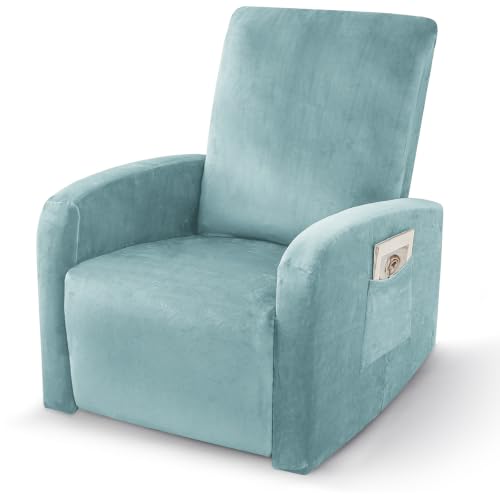Image of ZNSAYOTX 2026 Velvet Small Recliner Cover 3-Piece, Luxury Plush Recliner Chair Covers with Elastic Band & Tie Straps Stay in Place, Stretch Reclining Slipcover for Lazy Boy Soft Washable (Stone Blue)