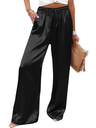 Womens Satin Wide Leg Pants Elastic Drawstring Waist Silky Casual Trousers with...