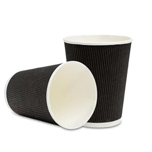 500-CT Disposable Black 12-OZ Hot Beverage Cups with Ripple Wall Design: No Need for Sleeves – Perfect for Cafes – Eco-Friendly Recyclable Paper – Insulated – Wholesale Takeout Coffee Cup