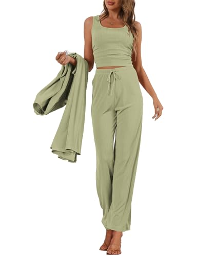Image of 3 Piece Lounge Sets for Women Airport Travel Outfit | Long Cardigan,Tank Top ,Wide Leg Pants with Pockets,Comfy Loungewear,Casual Chic, Airplane Clothing,Vacation Matching Set