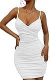 Zesoyne Womens Sexy Mini Bodycon Ruched Tank Dress Spaghetti Strap Vneck Party Short Wrap Cami Clubwear Outfit XS White