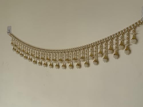 Image of Vinart Decorative Pearl Toran Bandhanwar with Gold Accents, Traditional Door Hanging for Temple, Wedding, Festival Decoration, White and Gold 3ft