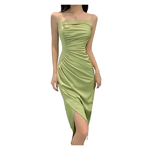 YLWX Vestido Asimétrico De Tirantes Finos De Satén For Mujer, Vestido Formal Modesto Y Sexy con Pliegues, Vestido De Fiesta Midi Que Oculta La Grasa del Vientre (Color : Verde, Size : M)
