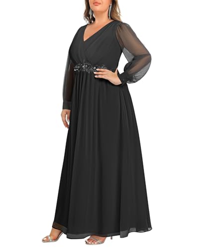 Pinup Fashion Women Plus Size Formal Dresses - Long Sleeve Evening Gown Applique Chiffon Maxi Dress3