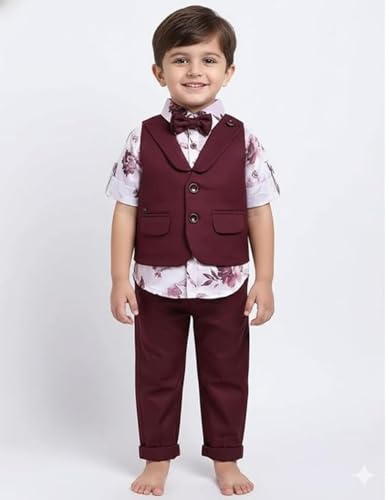 Image of Baby Boys Formal 3 Piece Suit Set with Shirt Matching Pant, Waistcoat & Bow Tie Kids Outfit, Stylish Dress for Toddler & Little Boys, Comfortable Designer Clothing Set