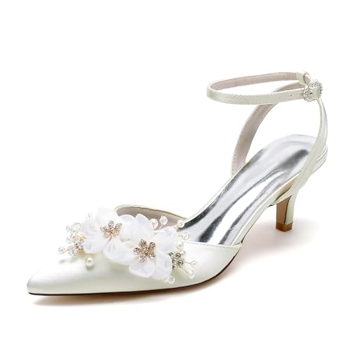 Women's Pearl Wedding Shoes - Kitten Heels, Bridal Shoes, Closed Toe, Ankle Strap, Satin Slingback Heels, Pumps