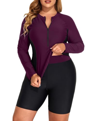 Image of Daci Women 2 Piece Plus Size Long Sleeve Rash Guard Zip Front Athletic Bottom Tankini Swimsuits UPF 50 | Two piece,Tummy Control,High Waist,UPF 50+,Half Zipper Swim Shirt,Athletic,Sporty,Built-in Bra,Built-in Briefs