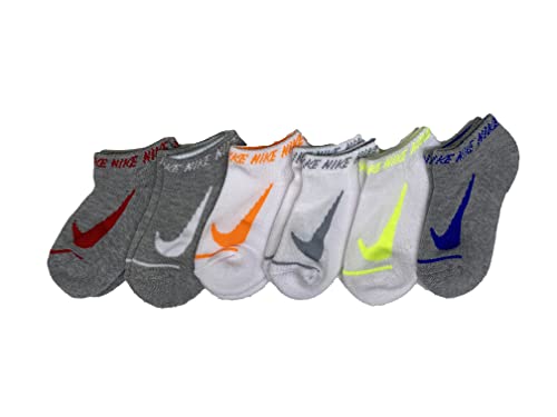 Nike Kid`s Swoosh Cushioned No Show Training Socks 6 Pack (Grey(BN0472-001)/W, 4-5)
