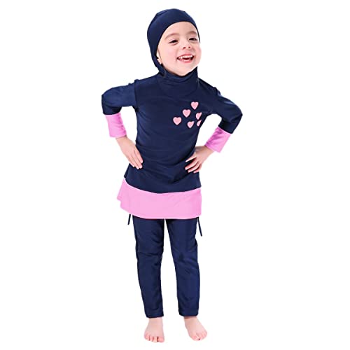 Burkini Swimsuits For Girls Kids Muslim Swimsuit Islamic Hijab Cap Swim Top Pants Modest Full Coverage Swimwear Toddler Long Sleeve Rashguard Beachwear Swimming Suit Bathing Suits Blue + Pink 12-18M