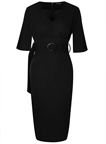 oten Vestido Retro de Manga 3/4 con Cuello en V para Mujer, con cinturón, en el Trabajo, Ajustado con lápiz Ajustado de Negocios con Bodycon