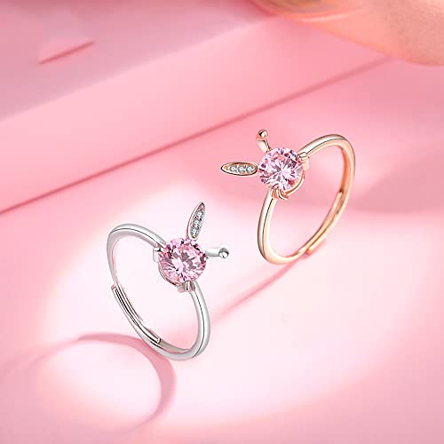 Cute Rabbit Bunny Open Stacking Ring 925 Sterling Silver Cubic Zirconia Pink Crystal Animal Adjustable Statement Thin Tail Finger Band Promise Wedding Rings Dainty Easter Jewelry for Women Bride4
