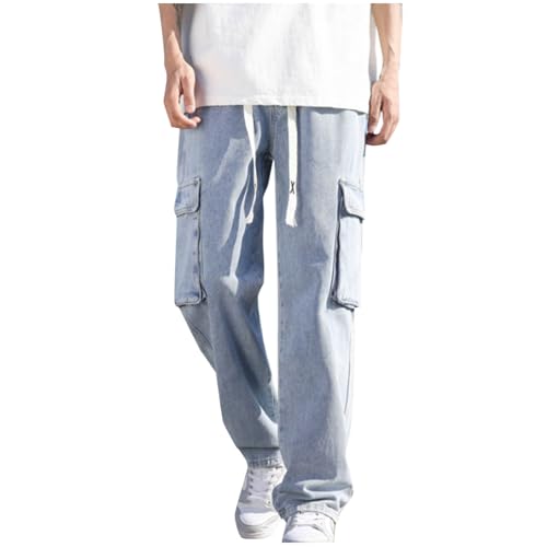 Men's Vintage Cargo Jeans Straight Leg Denim Pants Drawstring Boyfriend Jeans with Multi Pockets