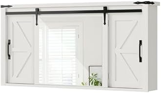 DWVO Bathroom Cabinet with Mirror, Large Wall Cabinet w/Rustic Sliding Barn Door, Farmhouse Mirrored Bathroom Storage Cabinet Organizer with Adjustable Shelf, 47" White Oak