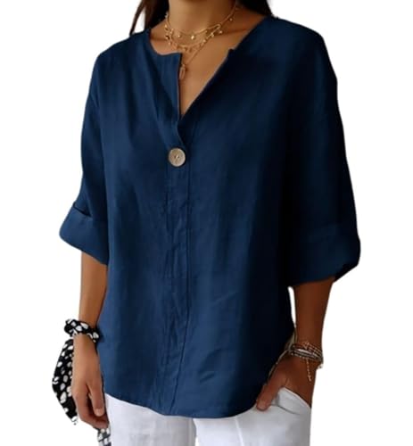 Summer Linen Shirts for Women Button Down V Neck 3/4 Sleeve T-Shirt Blouse Casual Loose Basic Solid Tunic Tops 2025