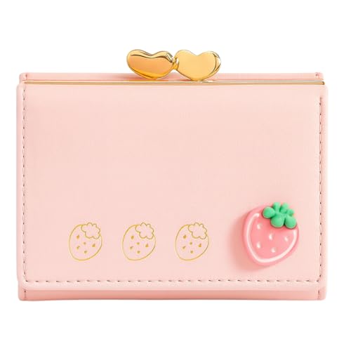 Carteira Feminina Morango Rosa com Bloqueio RFID – Couro Sintético Premium, Mini Wallet Compacta e Segura para Cartões e Dinheiro