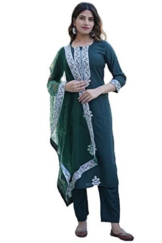 Image of GoSriKi Women's Cotton Blend Straight Embroidered Kurta with Pant & Dupatta (Tistha Green-Jan40-GS)
