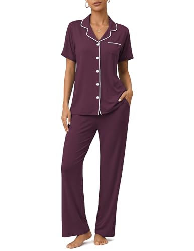 Image of ZMJ Womens Pajamas Sets 2 Piece Button Up Pj Sets Short Sleeve with Long Pant
