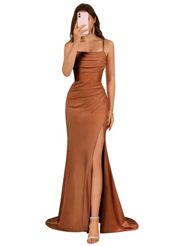 Image of Satin Bridesmaid Dress for Women 2025 Spaghetti Straps Mermaid Prom Dresses with Slit Evening Dresses KN003