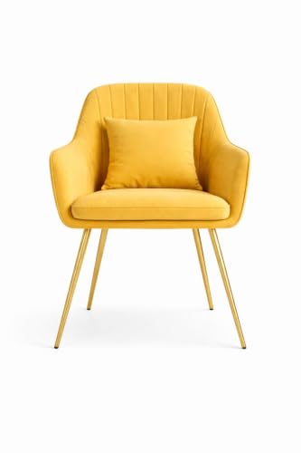 Image of Toxigo Velvet Office and Garden Area Outdoor Chairs | Cushion Seat Chair with Pillows for Modern Contemporary Upholstered with Polished Rosegold Metal Designer Piece | Set of 2 (Yellow)