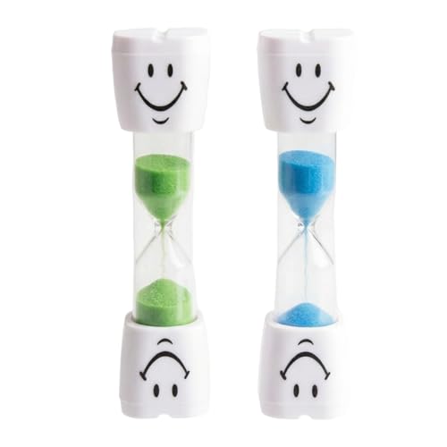YUNTRUN 2 Minute Toothbrush Sand Timer for Kids - Set of 2 Small Blue and Green Smiley Hourglass for Dental Hygiene Kids Habit Education Timer