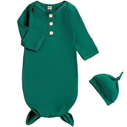 Image of AMAWMW Newborn Baby Boys Girls Cartoon Sleeper Gown Long Sleeve Mountain Nightgown Hat Outfits