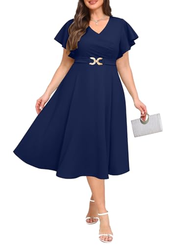 Pinup Fashion Women Plus Size Dresses for Wedding Guest - Cocktail Semi Formal A-Line Midi Dress with Pockets2