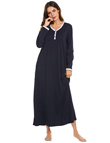 Ekouaer Womens Long Nightgown Long Sleeve Full Length Night Dress Sleepshirt Navy blue Medium