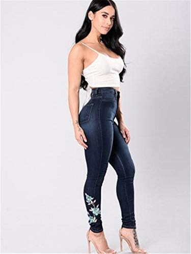 Andongnywell Womens Butt Lift Embroidery Denim Pants High Waist Embroidered Rose Skinny Jeans with Pocket Trousers